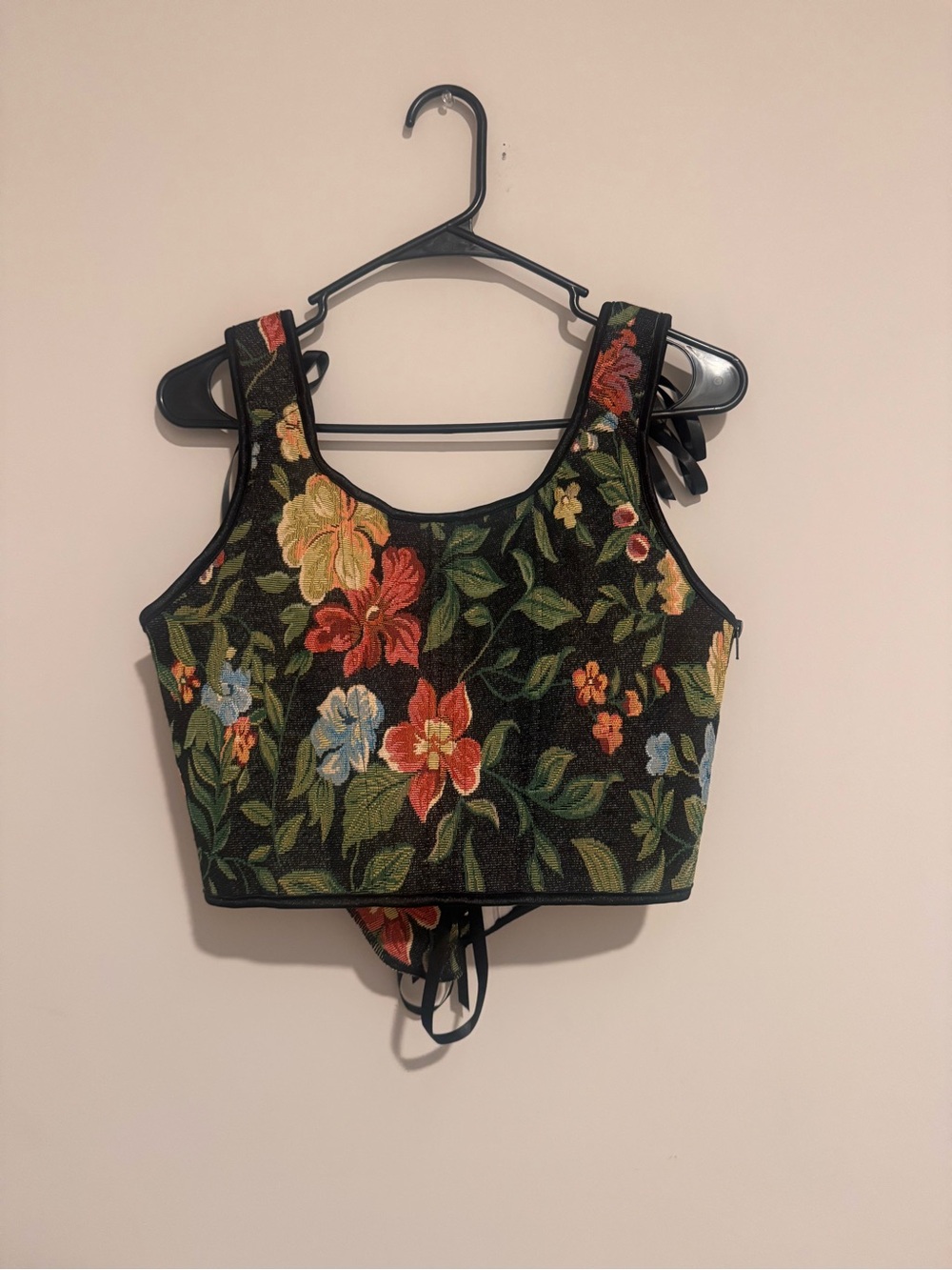 Black Floral Embroidered Crop Top with Lace-Up Back